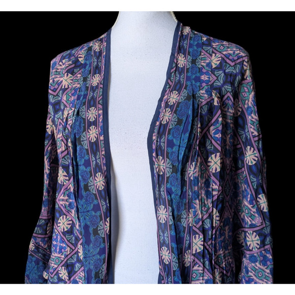 Feathers by Tolani Blue Open Front Art to Wear Long Cocoon Kimono Boho Geometric - Picture 4 of 7